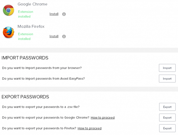Import and Export Options in Avast Passwords