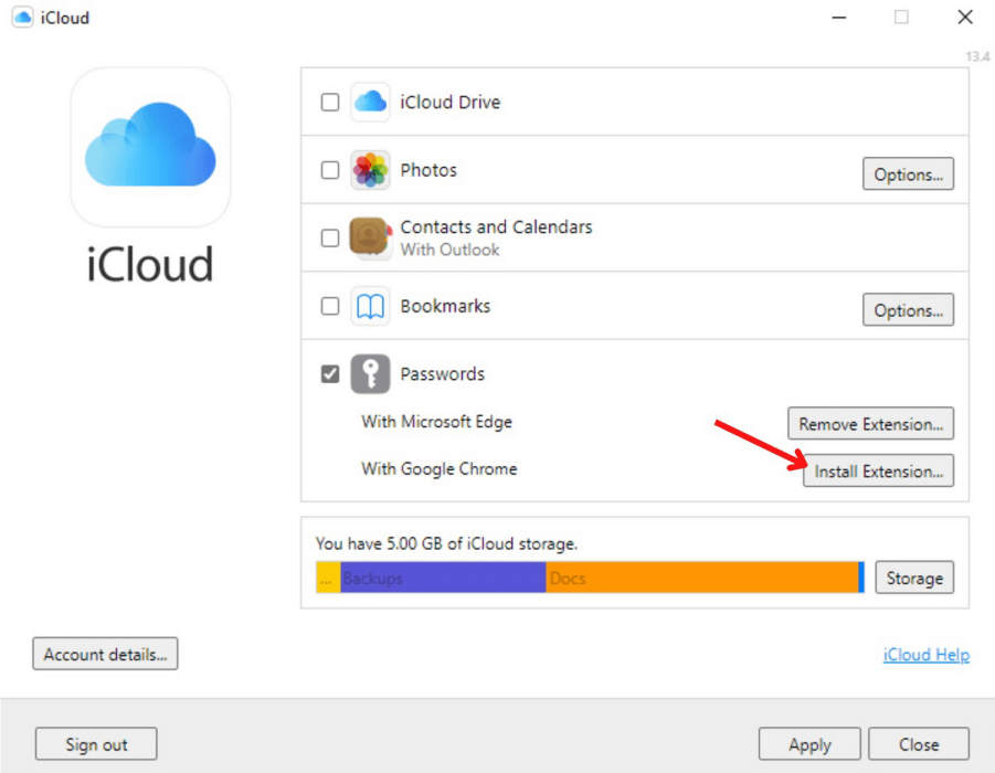 Install Extension Button on iCloud for Windows