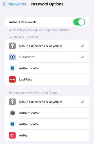 iPhone Passwords Options Tab