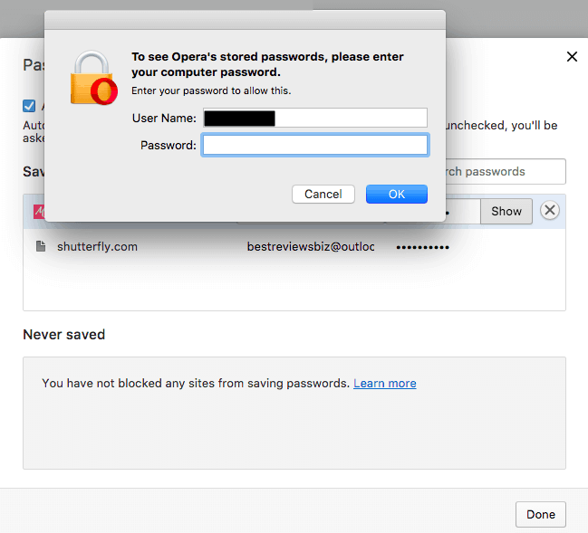 Opera's Password Vault Protected With Password