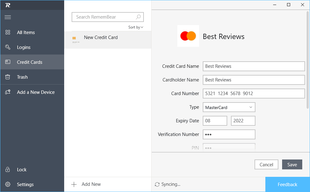 Adding Credit Card Data to RememBear