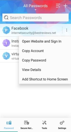 Shortcut Option for Saved Passwords in the App